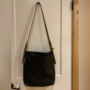 Elk - leather crossbody bag. Black with Brown Strap